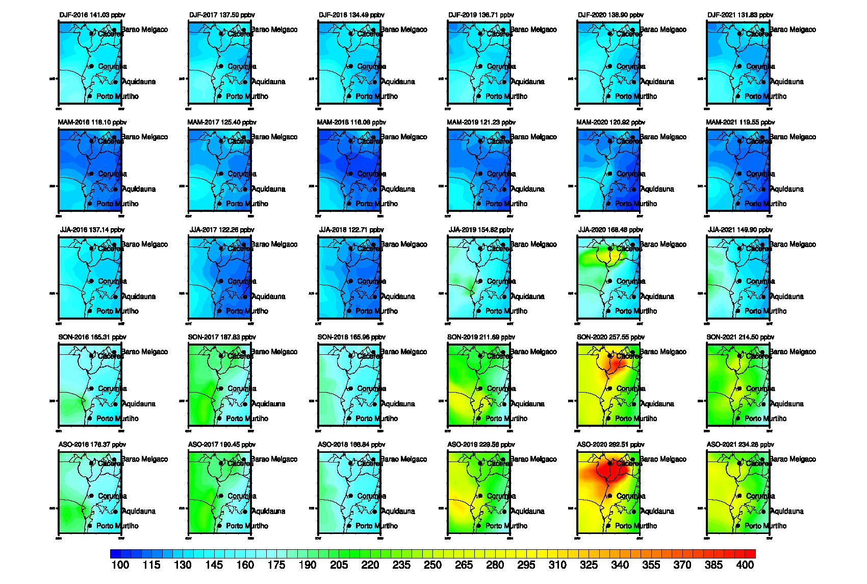 Concentração sazonal de CO (ppb) na atmosfera próxima à superfície da região do Pantanal de 2016 a 2021 (Fonte: Spatial distribution of atmospheric pollutants and fire outbreaks in the Pantanal biome from 2016 to 2021)