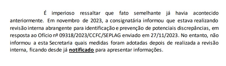 Trecho de documento que revela que a Seplag teve ciência das irregularidades antes da denúncia
